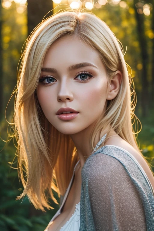 Close-up portrait, Sexy SS Blonde, parted lips, lips, Casual Dresses, View your audience, Forest Background, Sunset Light, Realistic