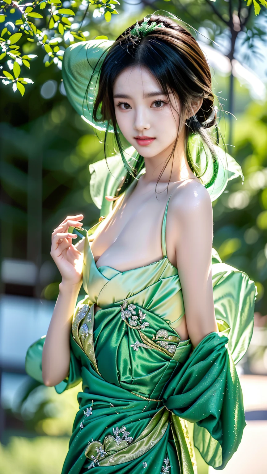 （realisticlying，Photorealistic and realistic：1.37），hyper-detailing，超高分辨率，beautifull detailed face，ssmile，White teeth，Perfect artwork，delicate patterns，Complicated details，（Unbeatable masterpiece，Best quality at best：1.2），（（extremly intricate：1.2）Sharp Images，Hyper Real，photorealestic，8K，high qulity，tmasterpiece，awardwinning，High-density imaging，unreal-engine，skin detailed，The only female，Background backlight，Lotus pond（Ultra-realistic water surface light effects），True light and shadow particles，Emerald green and flowing clothing，brown  hair，tying  hair，Wear a bun on your head，Shiny hair，Bust B，Wrap the chest，showing belly，exposing thighs，Very sexy，Sit Pose，F1.8，Shoot at a horizontal angle，35mm lens，Full body photo，true proportions，Delicate facial features，Lotus leaves surround the figure，Lie on your side in the water