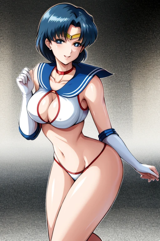 masterpiece, best quality, beautiful art, high resolution, well formed hands, body and fingers, 1 woman, solo, Sailor Mercury, sailor collar, elbow gloves, earrings, blue makeup, sailor senshi uniform, full body picture, grown up, adult, large and rounded breasted, cleavage, hair ornament, wearing a Tyris Flare outfit , white_bikini, full body, sexy and skimpy bikini, gorgeous hips, legs and thighs bouncing breasts, dancing seductively and erotically, turning backwards and forwards, bikini thong, shaking her body alluringly, smiling joyfully, looking at the viewer, sweating , flirting, beach environment
