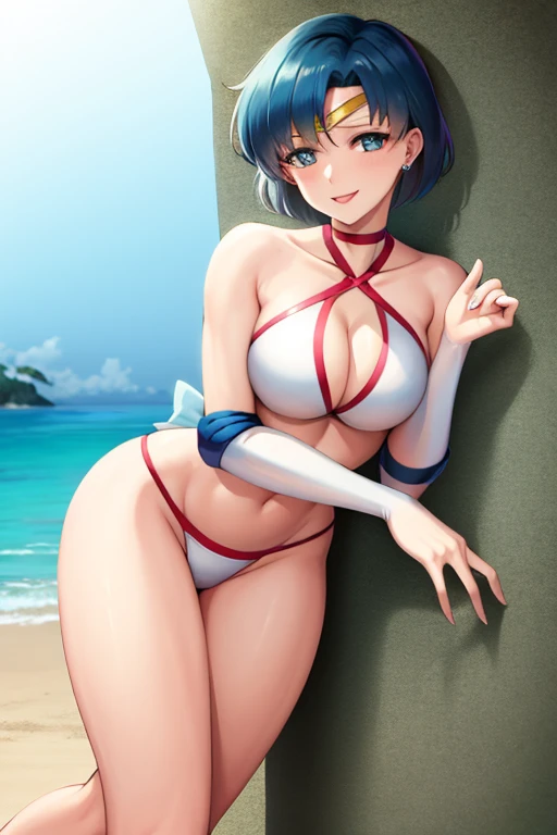 masterpiece, best quality, beautiful art, high resolution, well formed hands, body and fingers, 1 woman, solo, Sailor Mercury, sailor collar, elbow gloves, earrings, blue makeup, sailor senshi uniform, full body picture, grown up, adult, large and rounded breasted, cleavage, hair ornament, wearing a Tyris Flare outfit , white_bikini, full body, sexy and skimpy bikini, gorgeous hips, legs and thighs bouncing breasts, dancing seductively and erotically, turning backwards and forwards, bikini thong, shaking her body alluringly, smiling joyfully, looking at the viewer, sweating , flirting, beach environment