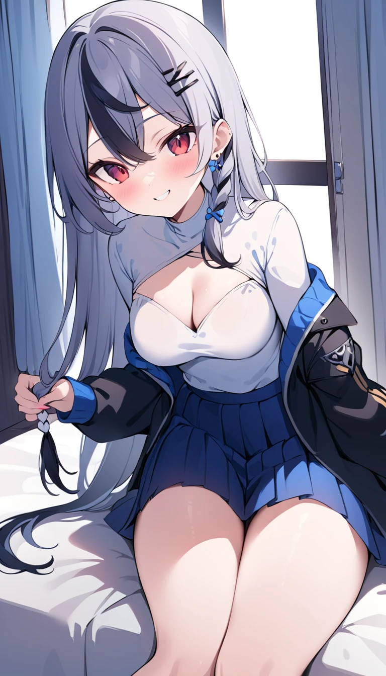 Browsing Caution,masterpiece,Highest quality,High resolution,Very detailed,Shiroko \(Blue Archive\)、Blue eyes、Grey Hair、Medium-long hair、Wolf Ears、Bare shoulders,Removable sleeves,Handguard,leotard,Cape,Frilled mini skirt,gem, hair ornaments, Hair Clip,Thigh straps,Embarrassing,Faces of Expectation,(desire),(Estrus),(Ecstasy face),blush,Fantasy,in,Bedroom,(Middle-aged men),Fingering,Body touch,Molester,Weaknesses