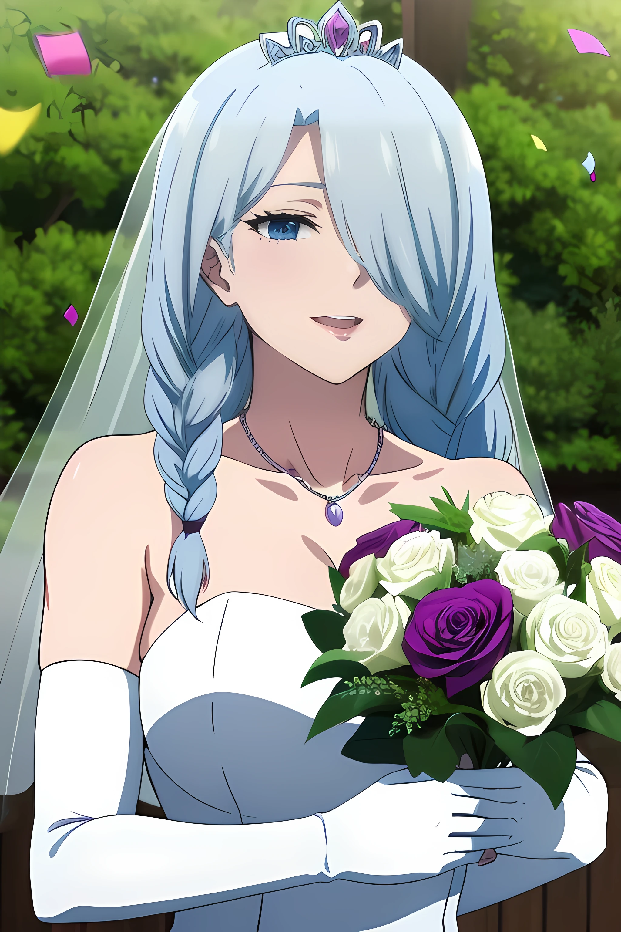 masterpiece, best quality, highres, aaichika, tiara, bridal veil, necklace, cleavage, wedding dress, strapless dress, white dress, white gloves, elbow gloves, garden on background, smile, open mouth, tears, upper body, confetti, holding bouquet, bouquet,mei mei, long hair, very long hair, braid, (hair over one eye:1.5), braided ponytail, one eye covered, braided bangs, (purple eyes:1.1), Purple lipstick on the lips
