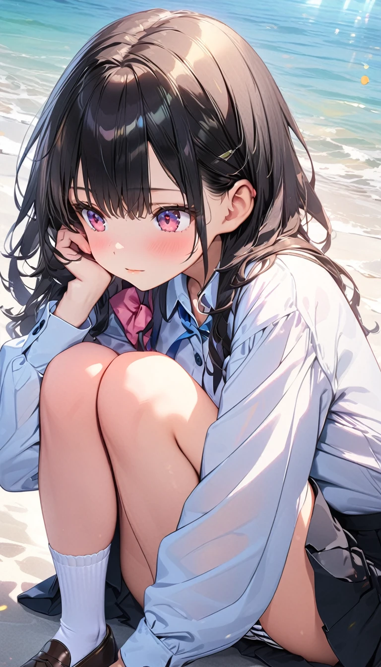 (Best quality, 8k, 32k, Masterpiece, UHD,:1.2),RAW, 1girl,ultra cute , natural lighting,transparent shining eyes, 20yo ,fair complexion, ((Extremely detailed CG unified 8k wallpaper)), white shirt、long sleeves、((Removed button))、cleavage、black pleated skirt、((white and black striped panties))、white socks、loafers、sitting, knees up、looking away