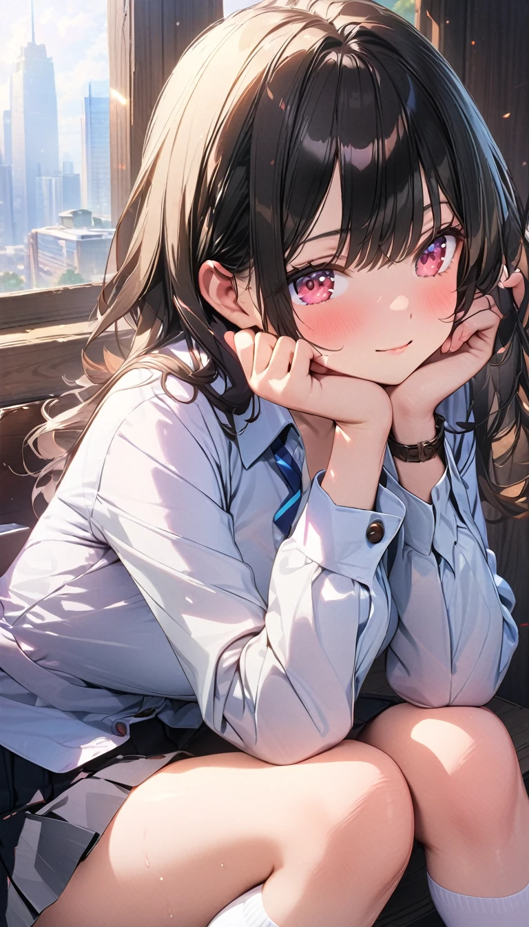 (Best quality, 8k, 32k, Masterpiece, UHD,:1.2),RAW, 1girl,ultra cute , natural lighting,transparent shining eyes, 20yo ,fair complexion, ((Extremely detailed CG unified 8k wallpaper)), white shirt、long sleeves、((Removed button))、cleavage、black pleated skirt、((white and black striped panties))、white socks、loafers、sitting, knees up、looking away