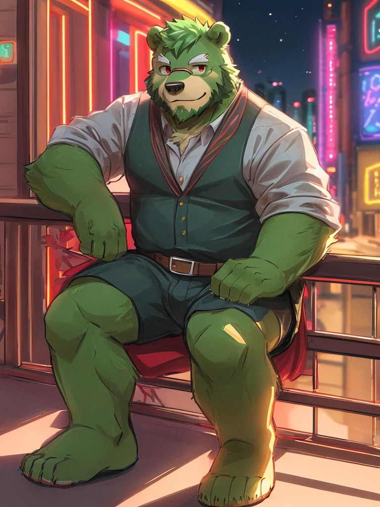 bara, furry, furry_male,male focus,muscular male, anthro, kemono, male, solo, glasses, (((green bear))), (((green fur))), green hair, red eyes, beard, white eyebrows, 1boy, solo,looking at viewer, jinpei,
daily outfit,informal clothes, casual clothes, shirt and pants,
detail background, sky, scenery, cloud, building, outdoors, railing, star (sky), city, cloudy sky, from below, blurry, starry sky, standing, wide shot, sunlight, depth of field,