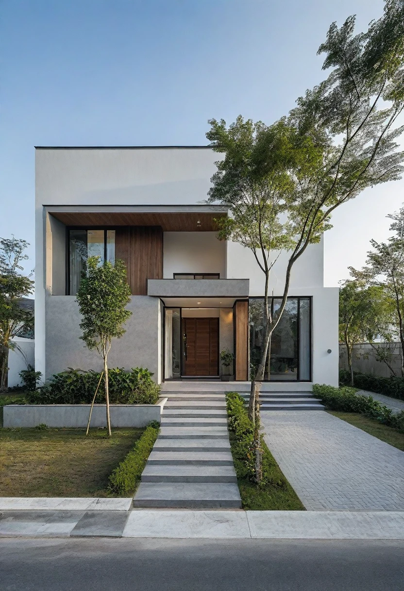 CRU photo,work of art, high qualiy, best qualityer, authentic, super detaill, plein-air, front-facing, single storey villaXL, aiai group, modern house style on the street, front house, visão front-facing, staircase, white wall road, pavement, gram, Trees, sky, nube, (Day Light:1.1)