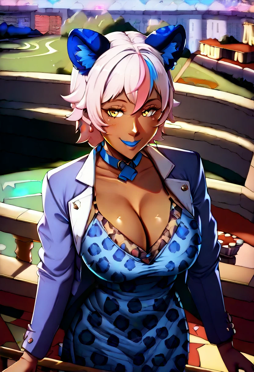 masterpiece, best quality, extremely detailed, 1girl, milf, solo, (dark skin, black skin:2), HanekawaTsubasa, (huge breasts:1.3), ((((pink hair, streaked hair), long hair, yellow eyes, cat ears))), orange lips, (((choker, white jacket, open jacket, dress, blue leopard print dress))), ((seductive smile), closed mouth), ((balcony, casino))
