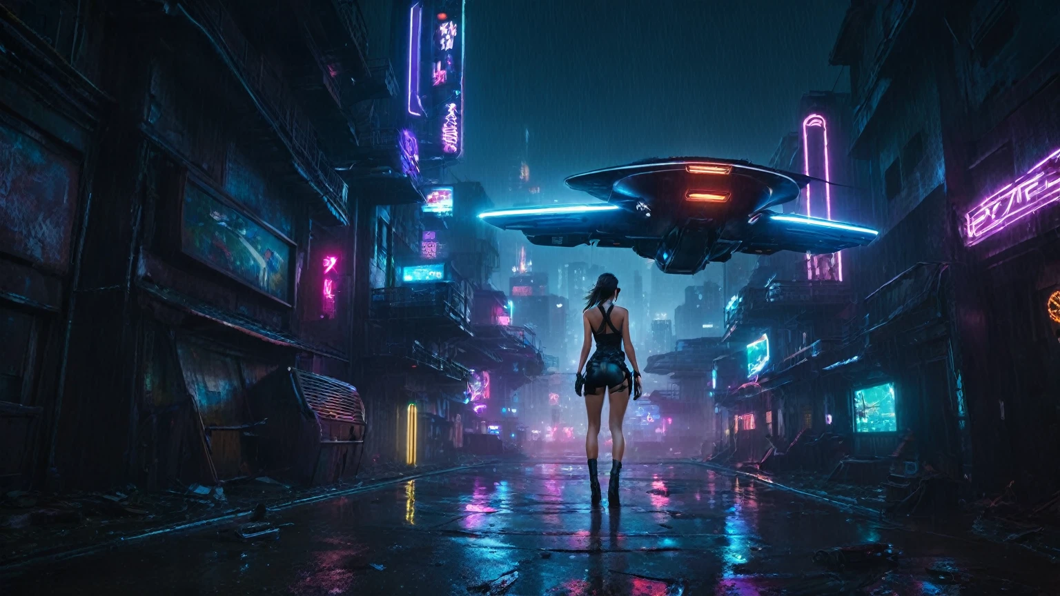 (aerial view, a flying cars docking platform, a very dark abandoned futuristic city, neon lights), rainy night. A girl as Lara Croft, solo, alone, large-breast:1.2 slim body, cleavage:1.1, sexy wind blowing wet dress:1.4, (headphone, black sunglasses), (((((she raised:1.8 a pistol:1.8 and took aim at viewer))))), dynamic pose, (((half-body thigh level medium shot))), cinematic lighting, lens flare, ray tracing.