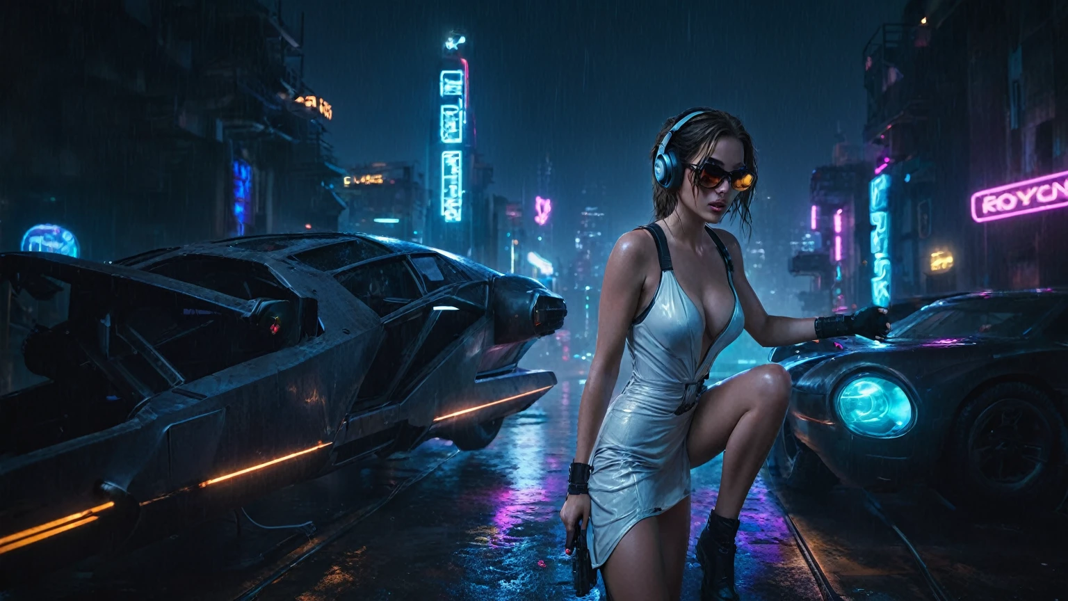 (aerial view, a flying cars docking platform, a very dark abandoned futuristic city, neon lights), rainy night. A girl as Lara Croft, solo, alone, large-breast:1.2 slim body, cleavage:1.1, sexy wind blowing wet dress:1.4, (headphone, black sunglasses), (((((she raised:1.8 a pistol:1.8 and took aim at viewer))))), dynamic pose, (((half-body thigh level medium shot))), cinematic lighting, lens flare, ray tracing.