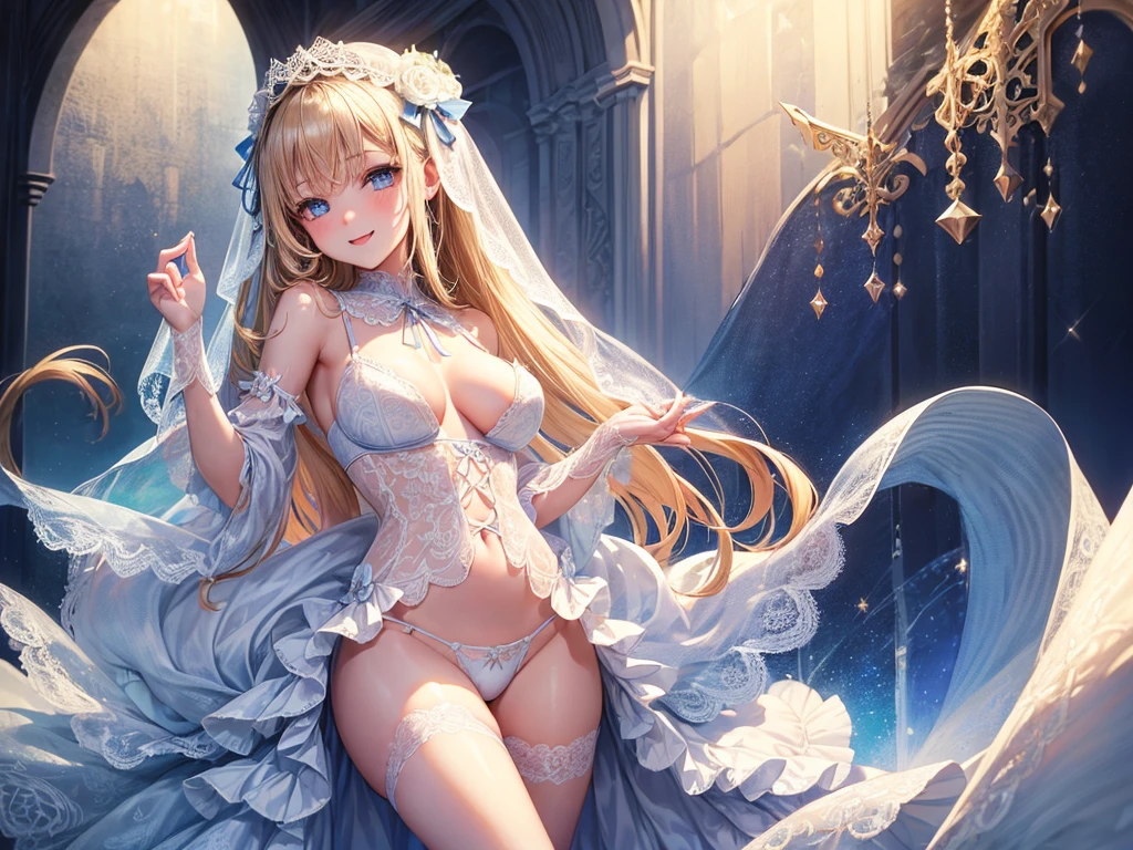 (((depict young pure girll))), (((top-quality, masterpiece))), ((lace lingerie)), ((swirling veil)) ((cute white lingerie with lot of details)), (((light blue ribbons on lingerie))), straight blond hair, deep blue eyes, ((small )), (((hand on boobs))ce hips, open shoulder, (Masterpiece, Excellent, complex details), delicate girl, delicate face, soft, pure, light, happy smille