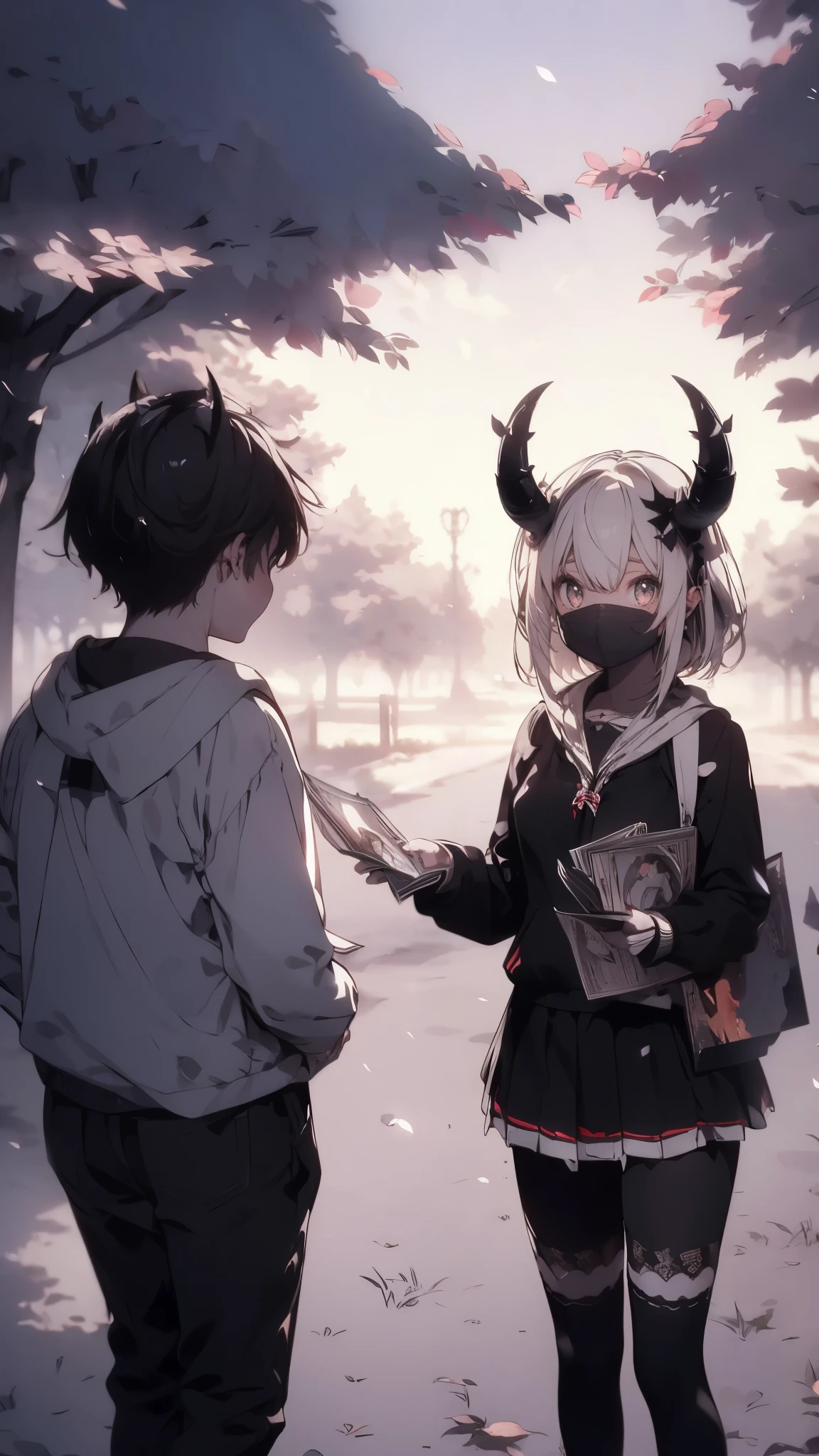 In the morning park, ((a demon girl with white horns hands out flyers to a solo teenager) :1.2), early light creating long shadows, serene and quiet, detailed surroundings, natural beauty, ((Best quality)), ((masterpiece)), (detailed:1.4), fighting (High Dynamic Range), Super-Resolution, ,Subsurface scattering, PBR Texturing, Post-processing,Anisotropic Filtering, Depth-of-field, Maximum clarity and sharpness, Multi-layered textures, Albedo and Specular maps, Surface shading, Accurate simulation of light-material interaction, Perfect proportions, Octane Render, Two-tone lighting, Wide aperture,Low ISO, White balance, Rule of thirds