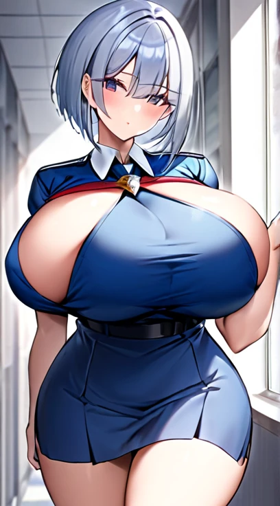 Blue Uniform,Big Breasts,Super Breasts,Silver Hair,Bobcut