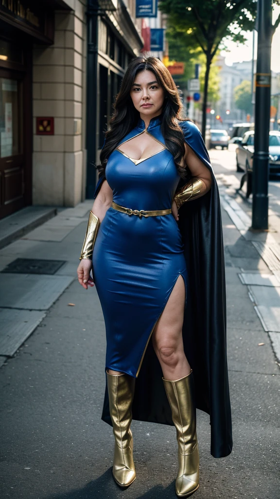 (masterpiece:1.4),(61-year-old woman:1.5),(facial wrinkle : 1.2), (long hair), (glare at viewer : 1.1), Mature Woman, (dressed as a super hero : 1.2), (long cape : 1.2), detailed hero costume with gold pattern, stylish long boots, acnes, dull skin, fleckled skin, (muscular arms : 1.2), (thick arms : 1.2), (thick legs : 1.2), collapsed town, destroyed city, head to toe, full body, detailed background