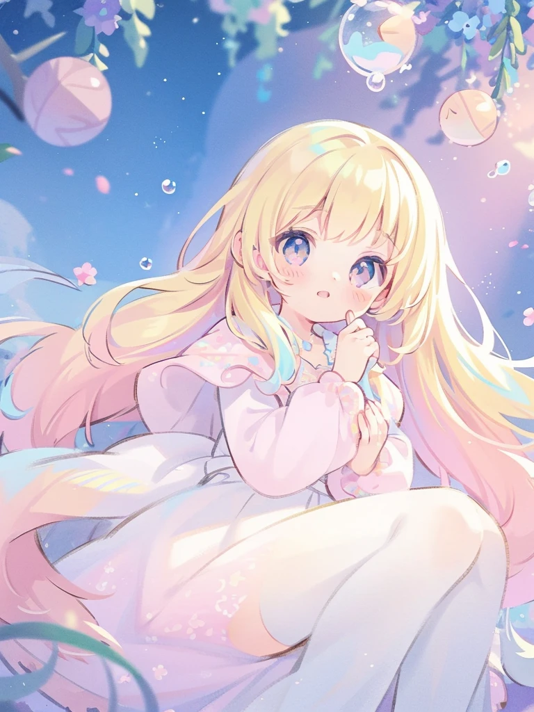 masterpiece, best quality, 8k resolution, sharp focus, intricate detail, beautiful girl, sparkling eyes, golden ratio face, otherworldly liquid, watercolor, ((pastel colors)), bright colors, whimsical, colorful, sharp focus, high resolution, fine detail, princess fantasy ballgown, ((round eyes)), iridescent bubbles, fantasia background