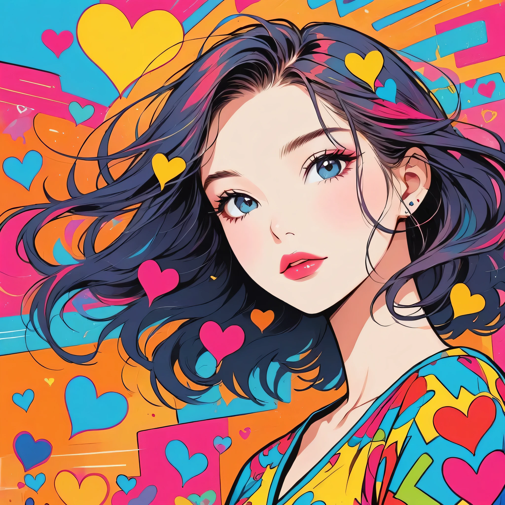 Keith Haring colorful style, Simple Line Initialism，Abstract art，Urban Background, (((The most beautiful girl of all time))), Sweet face. Lips in love, colorful hearts, stylish design