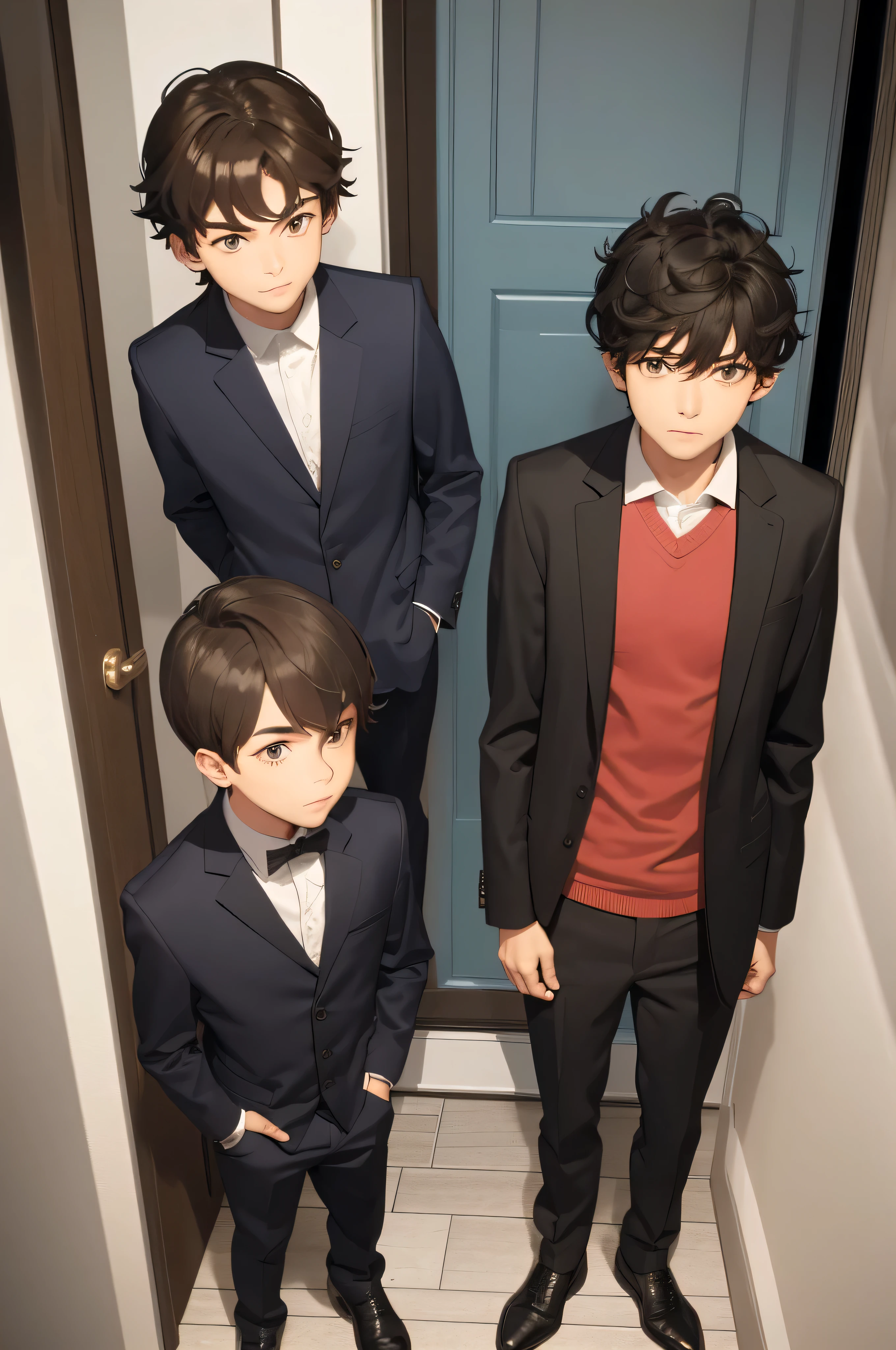 There was a man, age 16, with black hair, and his friend, age 13, with brown hair. They were standing in front of the door of the house.