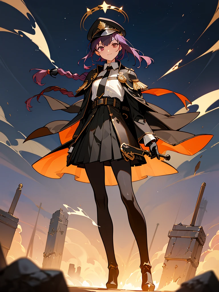 realisitic, City Deserted, Pile of rubble, Brick building, a one woman (18 years old, far away blackw hair, far away slits, Eyes red, glare eyes, 精致的面容, standing (In floor, feet shoulder-width apart), Lolita style military uniform (blackw base, Red Insert, golden decoration, volantes, wide sleeves, dainty and delicate detailing armors), blackw far away gloves (blackw, Red Insert, golden decoration, small hands, armors), blackw far away gloves, knee high boots (blackw, high-heels, red soles), ha (blackw, aba dourada, shield emblem, delicate details), arms in front, Front of belly, Holding military swords with both hands (blackw, golden decoration, delicate detail, Handle at the top, Ground-facing blade, in front of the body, far away), night sky (blackw, stele, Increased flames and smoke) Pale painting style, One Girl, super high quality, Super Detail, Super Detailed image, long hair, looking at viewer, skirt, shirt, hair ornament, violet eyes, gloves, round glasses, long sleeves, hat, closed mouth, jacket, violet hair, braid, open clothes, necktie, black gloves, black skirt, uniform, single braid, open jacket, black jacket, black headwear, 手链, peaked cap, black necktie, cropped jacket, military hat, pantyhose, Flat Chest, smile, Black Cape