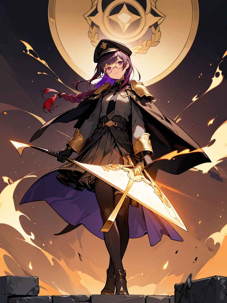 realisitic, City Deserted, Pile of rubble, Brick building, a one woman (18 years old, far away blackw hair, far away slits, Eyes red, glare eyes, 精致的面容, standing (In floor, feet shoulder-width apart), Lolita style military uniform (blackw base, Red Insert, golden decoration, volantes, wide sleeves, dainty and delicate detailing armors), blackw far away gloves (blackw, Red Insert, golden decoration, small hands, armors), blackw far away gloves, knee high boots (blackw, high-heels, red soles), ha (blackw, aba dourada, shield emblem, delicate details), arms in front, Front of belly, Holding military swords with both hands (blackw, golden decoration, delicate detail, Handle at the top, Ground-facing blade, in front of the body, far away), night sky (blackw, stele, Increased flames and smoke) Pale painting style, One Girl, super high quality, Super Detail, Super Detailed image, long hair, looking at viewer, skirt, shirt, hair ornament, violet eyes, gloves, round glasses, long sleeves, hat, closed mouth, jacket, violet hair, braid, open clothes, necktie, black gloves, black skirt, uniform, single braid, open jacket, black jacket, black headwear, 手链, peaked cap, black necktie, cropped jacket, military hat, pantyhose, Flat Chest, smile, Black Cape