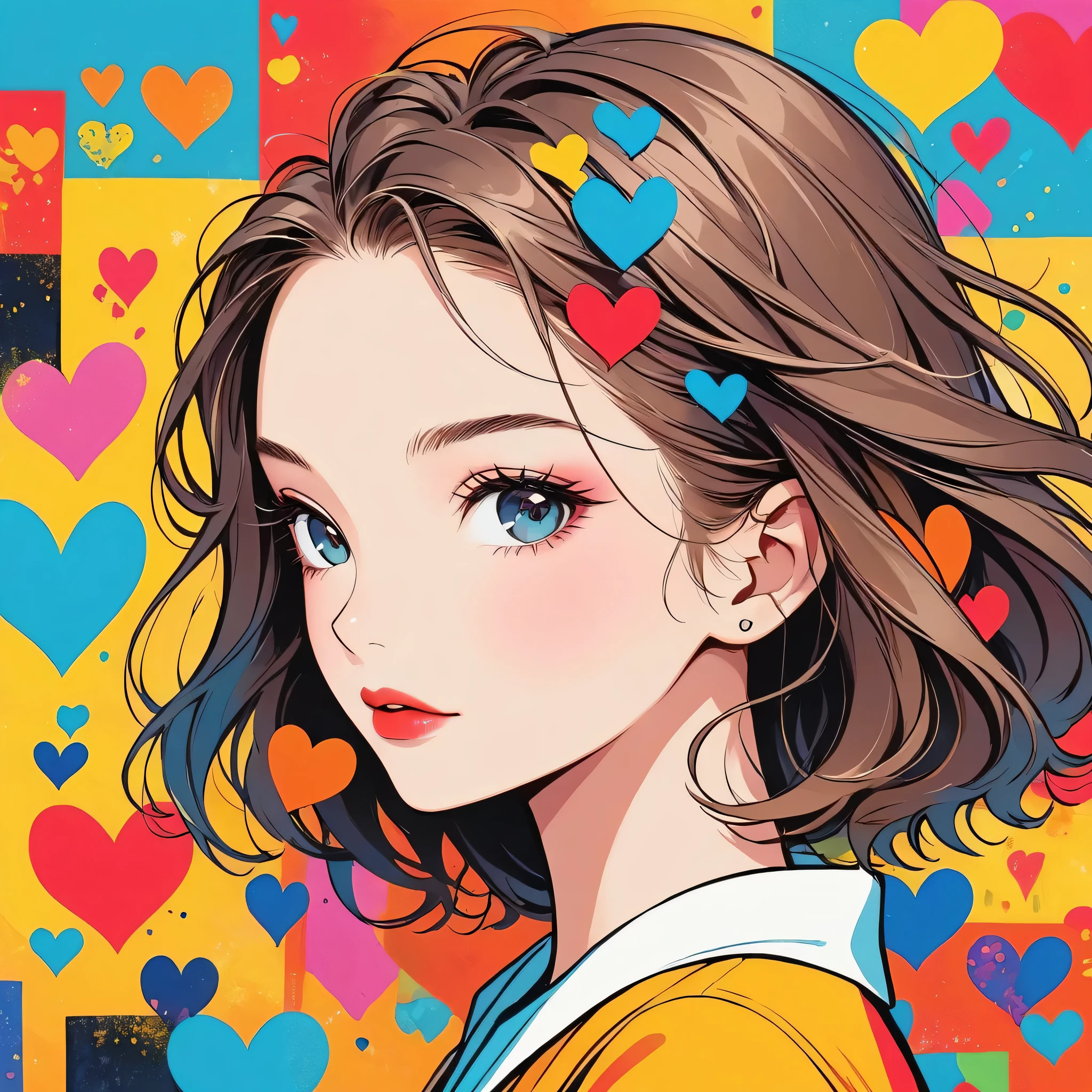 Keith Haring colorful style, Simple Line Initialism,Abstract art,Urban Background, (((The most beautiful girl of all time))), Sweet face. Lips in love, colorful hearts, stylish design