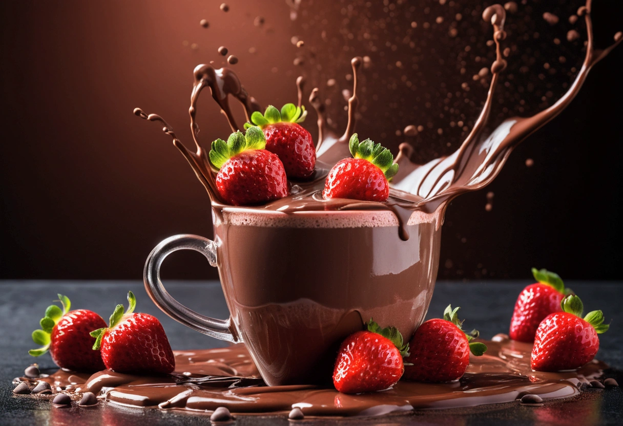 a picture of strawberries falling into hot chocolate, chocolate splashing in the elegant luxury color background like in a commercial, everything in focus