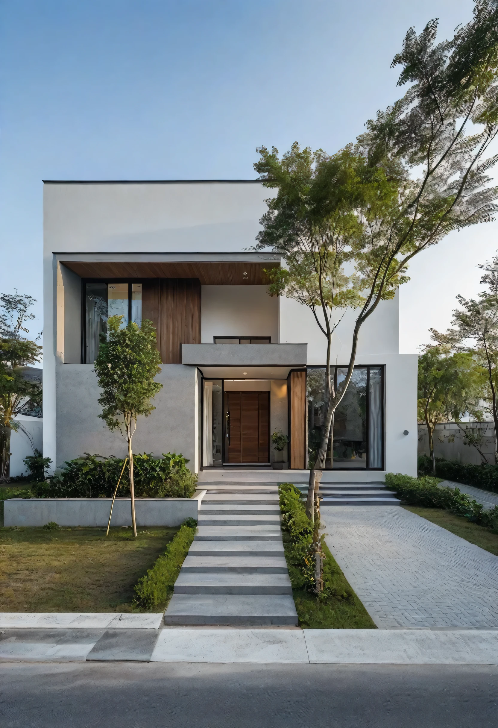 CRU photo,work of art, high qualiy, best qualityer, authentic, super detaill, plein-air, front-facing, single storey villaXL, aiai group, modern house style on the street, front house, visão front-facing, staircase, white wall road, pavement, gram, Trees, sky, nube, (Day Light:1.1)