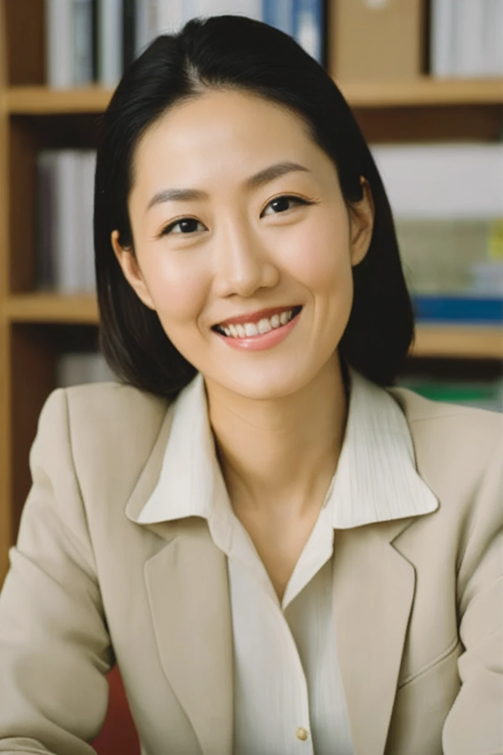 Smiling woman in business suit sitting at a desk with a bookshelf in the background, Kwak Ji-yeon, Korean women, Woman in a business suit, an Asian woman, jiyun chae, What is the point?？, Kim Hyun-joo, Shin Min-jung, Asian woman, kiyoko suzuki, John Sans, Ayamin to whom, Lee Ji-eun