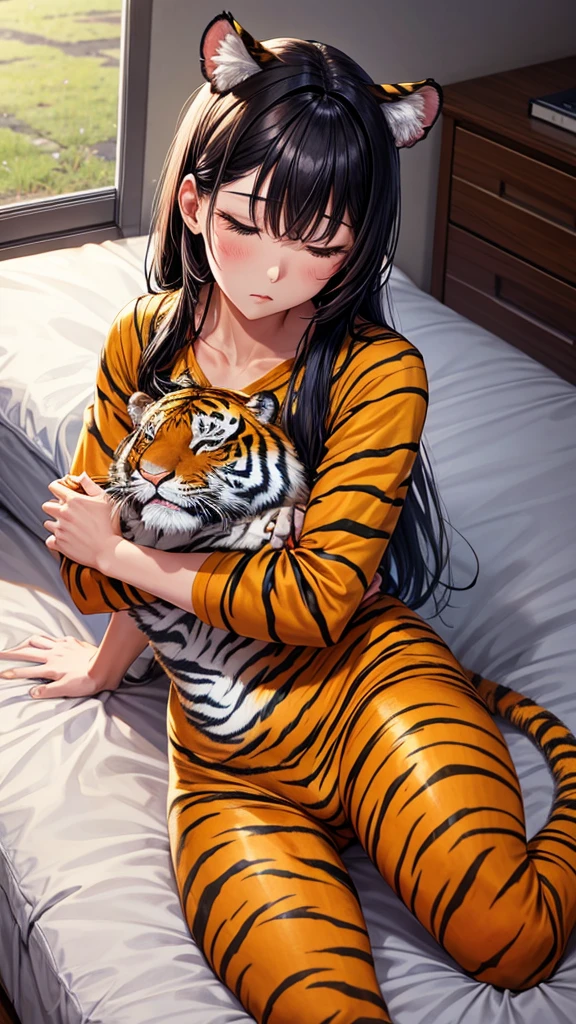 A woman wearing a tiger costume is taking a nap on the futon