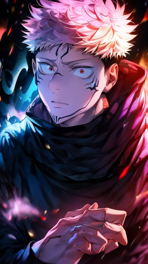 a male character named "ROYAMEN SUKUNA" in. "Jujutsu Kaisen" story series, has short, dry, pink hair, is dressed in a black hoodie with a red hoodie, has a tattoo on the face that resembles black abstract lines, and a curved tattoo on the wrist down to the chin with 4K HDR photo resolution, ANIME ,