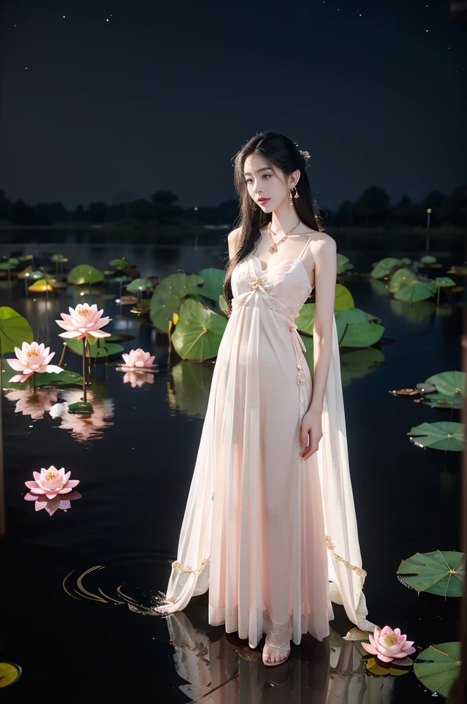 (((best quality))),(((ultra detailed))),(((masterpiece))),illustration,((1 beautiful young  girl,solo)),((slim,thin)),(shoulder length straight hair:1.2),((earrings,necklace)),((small breasts,flat chest)),(see through traditional pink sheer Hanfu dress:1.3),(slender legs:1.2),(beside the lotus pond full of lotus flowers:1.3), serene moonlight, ethereal,floral pattern, water movement, billowing fabric, tranquil, moon reflection, petals, fireflies, magical, light,warm light, dreams, invitation, (standing:1.3),(arms behind back:1.3),gazing, reflection, inner thoughts, emotional, sweet scent, natural beauty, solitude, hypnotic lull, eternal summer,(night scene:1.3), natural world, human spirit, celebration, backdrop, water, glow,((from front,full body))