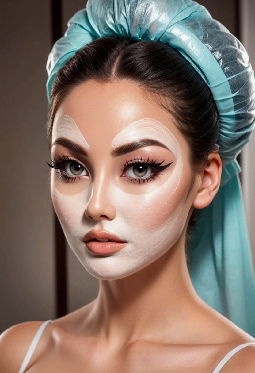((Big breasts)), (charming beauty, fashion girl, undergoing plastic surgery, face lined with makeup, eyes lined with kohl, thick eyelashes, clear and pure facial skin, natural collagen powder, shiny oily sweat, hair styled in a bun), open chest. Complex configuration without errors.