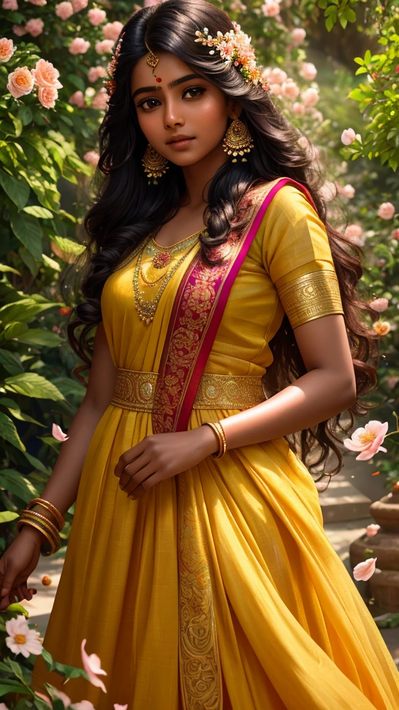 A beautiful Tamil girl in a vibrant garden of Marghazi flowers, elegant and graceful, delicate petals, sunlight filtering through the foliage, serene expression, long flowing hair, intricate floral dress, natural lighting, photorealistic, 8k, highly detailed, masterpiece, digital art, close up, feeling romance and melancholy, beautiful expression 