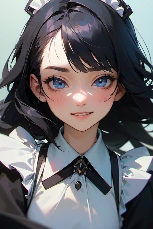 (Highest Resolution, clear_image) Highest quality, single, One woman, alone, masterpiece, Very detailed, Semi-realistic, Black Hairのショートヘア, Black Hair, bangs, 18-year-old, mature, Light blue , Indoor Background, kind, Authoritative, Powerful, exquisite features, exquisite features、Eyelashes become longer、Showing teeth、smile😀、Maid clothes、woman&#39;Fingers in the、((Eating watermelon)).