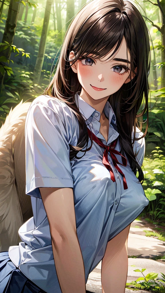 (masterpiece:1.2, top-quality, ultra high res, ultra detailed), (realistic, photorealistic:1.4), beautiful illustration, (natural side lighting, movie lighting),
looking at viewer, (face focus, upper body), 1 girl, japanese, high school dirl, perfect face, (perfect anatomy), cute and symmetrical face, baby face, shiny skin, slender
(long hair:1.5, straight hair:1.2, sark brown hair), parted bangs, grey eyes, long eye lasher, (medium breasts),
beautiful hair, beautiful face, beautiful detailed eyes, beautiful clavicle, beautiful body, beautiful chest, beautiful thigh, beautiful legs,
((detailed cloth texture, short sleeve white collared shirts, navy blue pleated mini skirt, red neck ribbon), , ,
(beautiful scenery), hands on chest, (lovely smile, upper eyes), In a wooded area, amidst thick vegetation, a girl is lying on her back with her legs wide open, holding a large dog between her legs. The girl's breasts are large and her nipples are standing out, even over her clothes.
Her face is bright red, her brow is furrowed, her mouth is open, and she looks delighted.