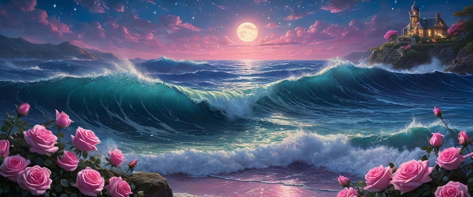 Zeen Chin Hyperrealistic style A beautiful painting of starry sky,layer upon layer of huge waves,deep blue water,pink roses of different sizes,romantic,dreamlike,moonlight,Thomas Kinkade,ultradetailed,illustration,4k,trends on Artstation,above+super wide angle,Greg Rutkowski,trends on Artstation