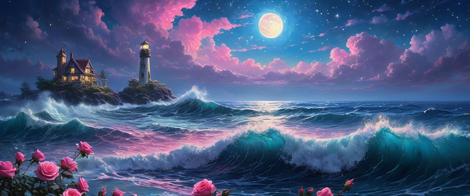 Zeen Chin Hyperrealistic style A beautiful painting of starry sky,layer upon layer of huge waves,deep blue water,pink roses of different sizes,romantic,dreamlike,moonlight,Thomas Kinkade,ultradetailed,illustration,4k,trends on Artstation,above+super wide angle,Greg Rutkowski,trends on Artstation