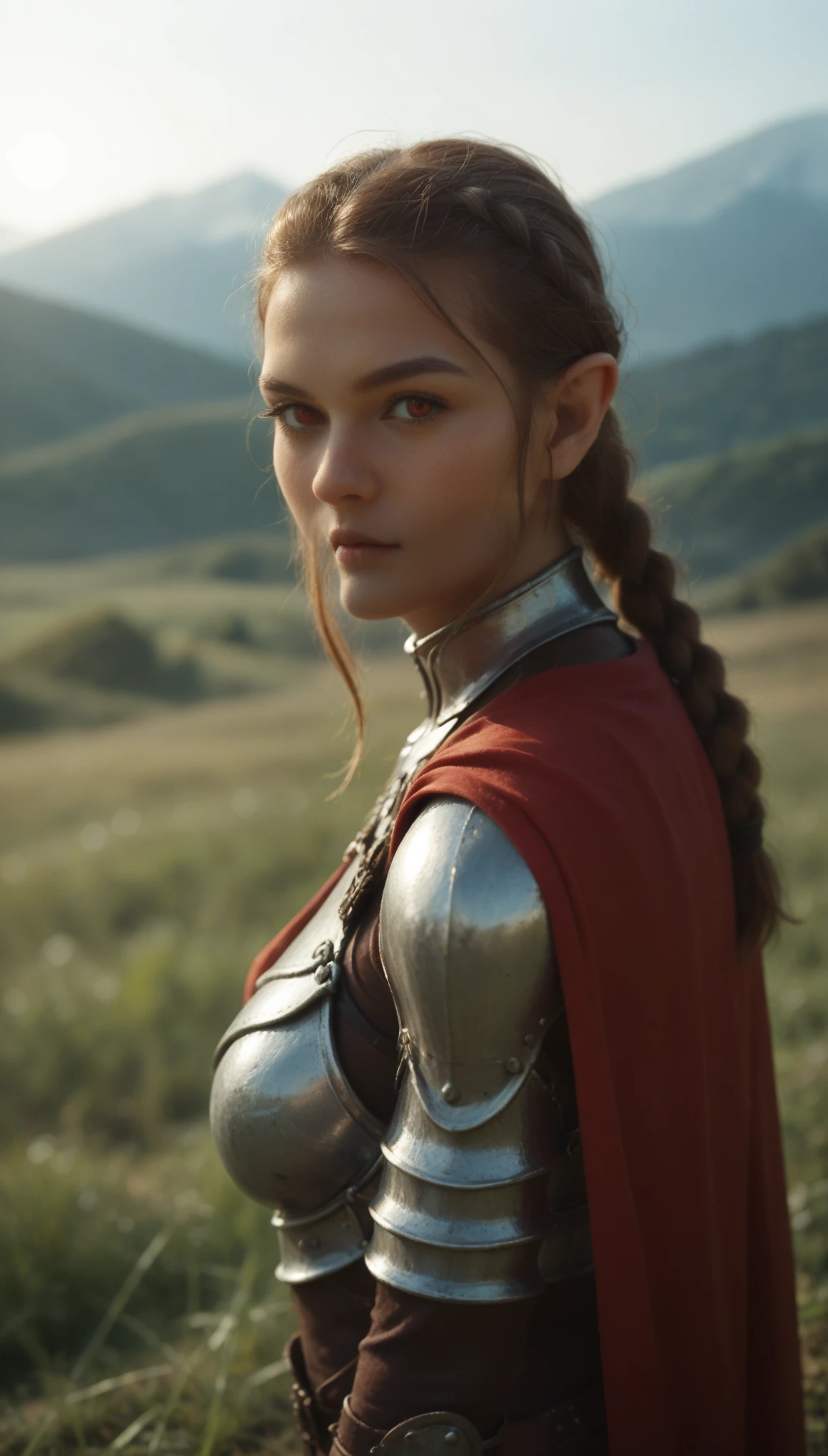 (zPDXL2), score_9, score_8_up, score_7_up, source_anime, 2d,
1woman, ((upper body)), (Caucasian skin_complexion:1.4),mature, looking at the viewer, taned skin, tall, beautiful, long elf ears, long hair, braided ponytail, orange hair, diamond shaped eyes, (wearing eye patch:1.35), red eye, (dark_eyeliner), long_eyelashes medium_bust, wearing gladiator armor, red cape, long fingerless_gloves, belts, making fist, black thigh highs with embroidery, knee boots, dynamic lighting casts detailed shadows, on a grass grassy hill, mountains in the distance,
AissistXLv2, unaestheticXL_bp5, SimplePositiveXLv2, zPDXL2 PonyXLV6_Scores