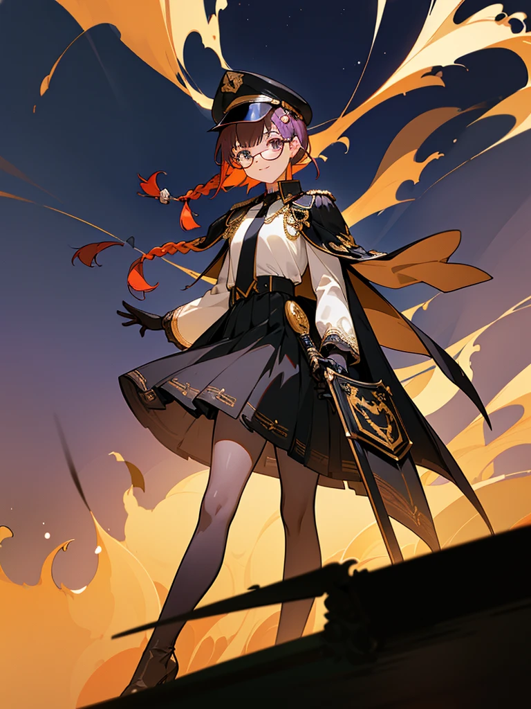 realisitic, City Deserted, Pile of rubble, Brick building, a one woman (18 years old, far away blackw hair, far away slits, Eyes red, glare eyes, 精致的面容, standing (In floor, feet shoulder-width apart), Lolita style military uniform (blackw base, Red Insert, golden decoration, volantes, wide sleeves, dainty and delicate detailing armors), blackw far away gloves (blackw, Red Insert, golden decoration, small hands, armors), blackw far away gloves, knee high boots (blackw, high-heels, red soles), ha (blackw, aba dourada, shield emblem, delicate details), arms in front, Front of belly, Holding military swords with both hands (blackw, golden decoration, delicate detail, Handle at the top, Ground-facing blade, in front of the body, far away), night sky (blackw, stele, Increased flames and smoke) Pale painting style, One Girl, super high quality, Super Detail, Super Detailed image, long hair, looking at viewer, skirt, shirt, hair ornament, violet eyes, gloves, round glasses, long sleeves, hat, closed mouth, jacket, violet hair, braid, open clothes, necktie, black gloves, black skirt, uniform, single braid, open jacket, black jacket, black headwear, 手链, peaked cap, black necktie, cropped jacket, military hat, pantyhose, Flat Chest, smile, Black Cape