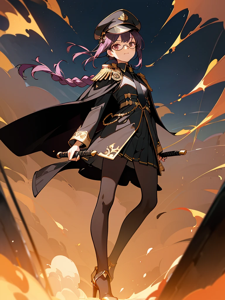 realisitic, City Deserted, Pile of rubble, Brick building, a one woman (18 years old, far away blackw hair, far away slits, Eyes red, glare eyes, 精致的面容, standing (In floor, feet shoulder-width apart), ta style military uniform (blackw base, Red Insert, golden decoration, volantes, wide sleeves, dainty and delicate detailing armors), blackw far away gloves (blackw, Red Insert, golden decoration, small hands, armors), blackw far away gloves, knee high boots (blackw, high-heels, red soles), ha (blackw, aba dourada, shield emblem, delicate details), arms in front, Front of belly, Holding military swords with both hands (blackw, golden decoration, delicate detail, Handle at the top, Ground-facing blade, in front of the body, far away), night sky (blackw, stele, Increased flames and smoke) Pale painting style, One Girl, super high quality, Super Detail, Super Detailed image, long hair, looking at viewer, skirt, shirt, hair ornament, violet eyes, gloves, round glasses, long sleeves, hat, closed mouth, jacket, violet hair, braid, open clothes, necktie, black gloves, black skirt, uniform, single braid, open jacket, black jacket, black headwear, 手链, peaked cap, black necktie, cropped jacket, military hat, pantyhose, Flat Chest, smile, Black Cape