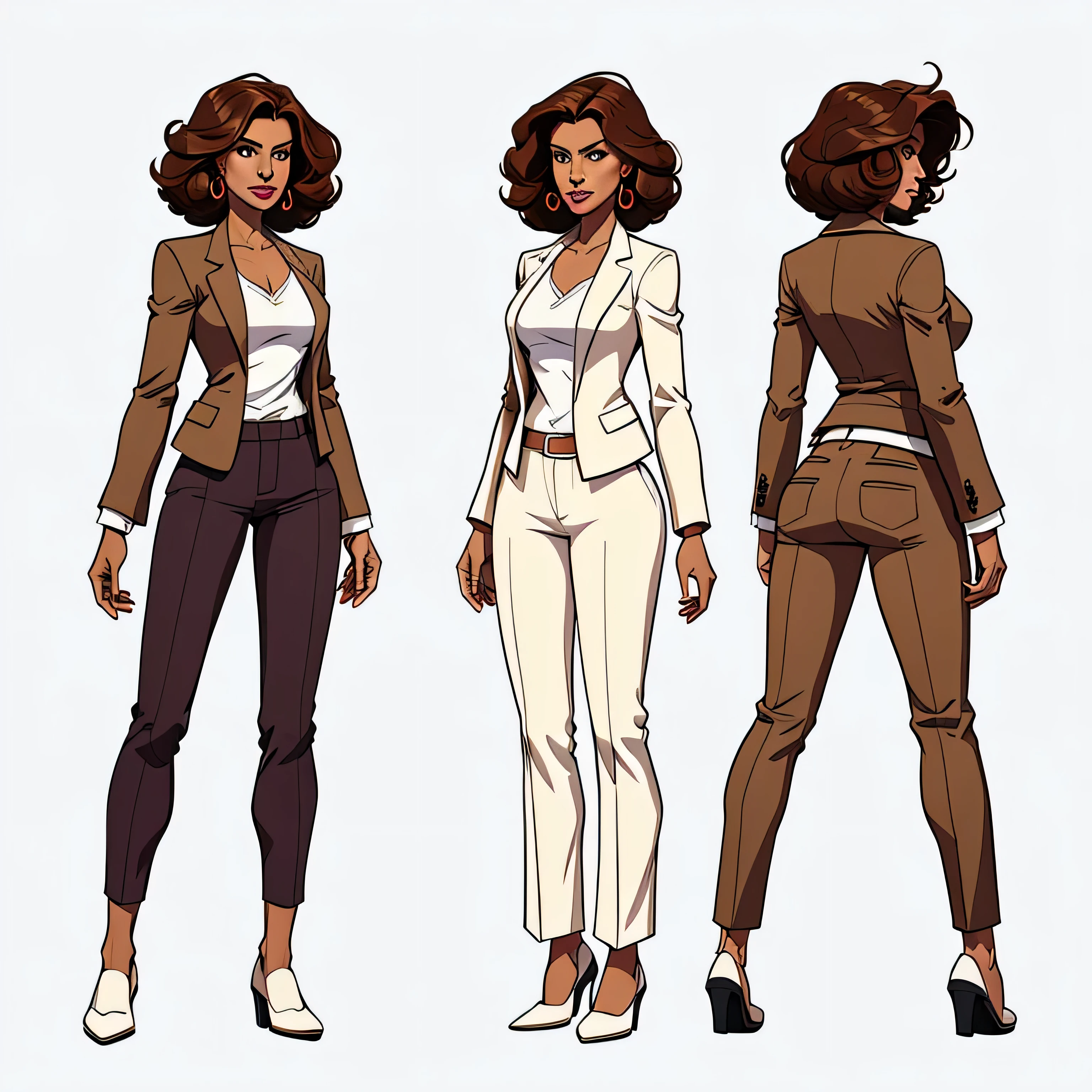 women, three-sided view, front and back, left and right, character sheet, whole body, simple background, Priya Vantari, 35-year-old professional looking girl, tan skin, dark brown hair, natural beauty, beautiful, tall, small size, loose clothing, blazer and blouse, trouser, heel shoes, simply white background
