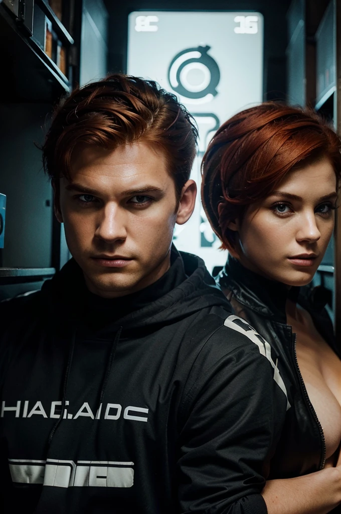 Create amazing hand drawn art that depicts the Special Agent and the Hacker theme: A Dangerous Game with a red-haired woman and a man with short hair