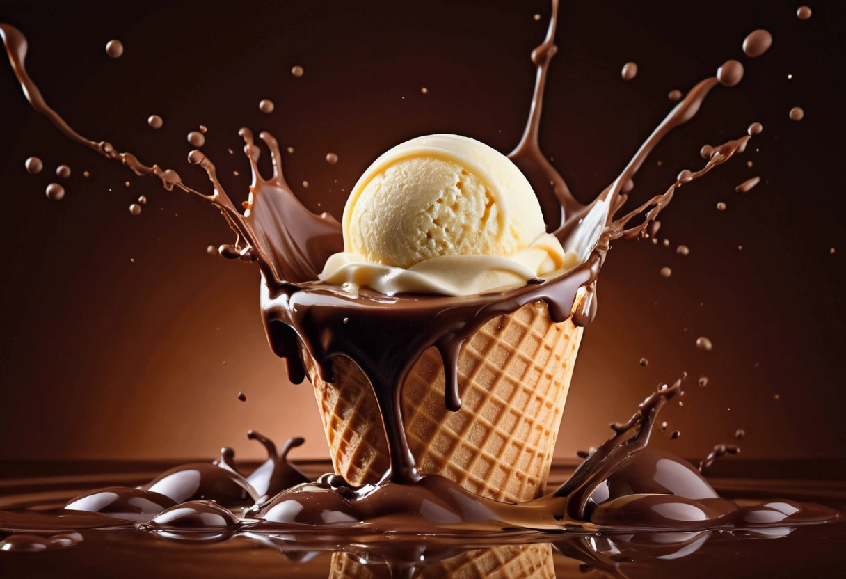 a picture of ice cream falling into chocolate, chocolate and vanilla splashing in the elegant luxury color background like in a commercial, everything in focus