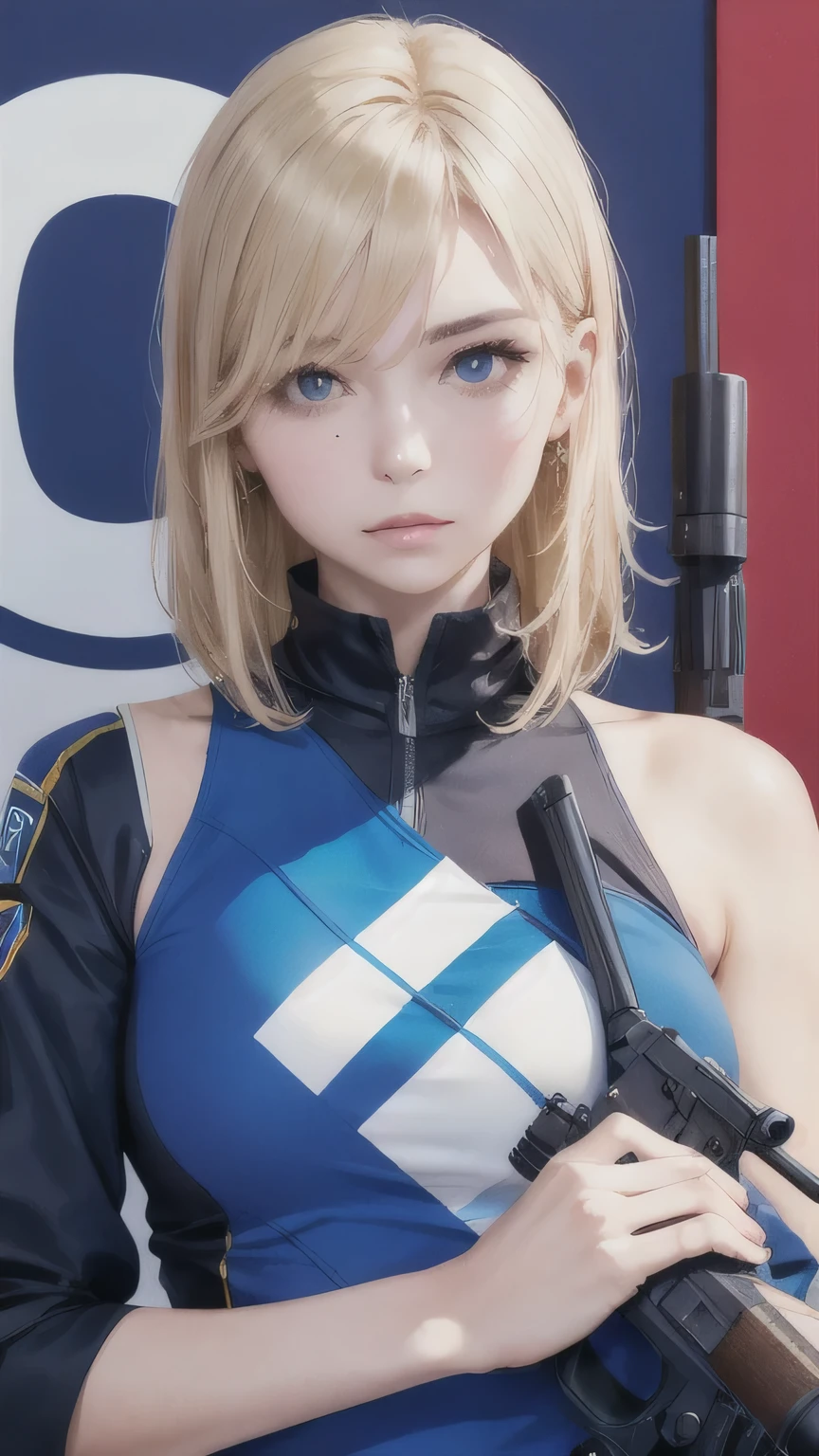 Portrait of a beautiful woman holding a gun,alone,20-year-old,Beautiful Face,Upper Body,Hair on one eye,Medium Sidecut, Blonde, Sharp focus,Black business suit