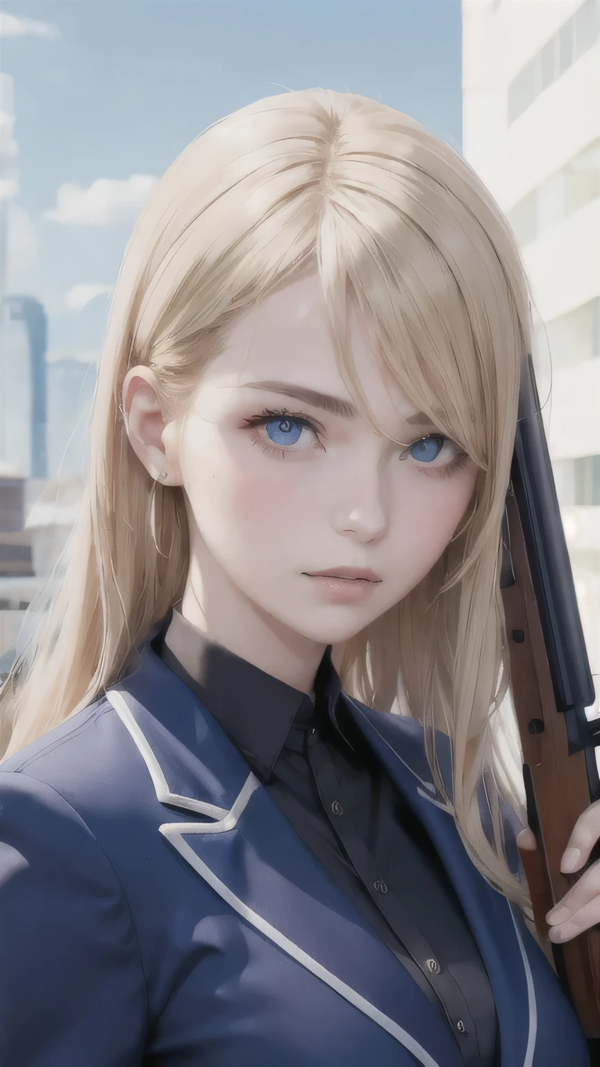 Portrait of a beautiful woman holding a gun,alone,20-year-old,Beautiful Face,Upper Body,Hair on one eye,Medium Sidecut, Blonde, Sharp focus,Black business suit