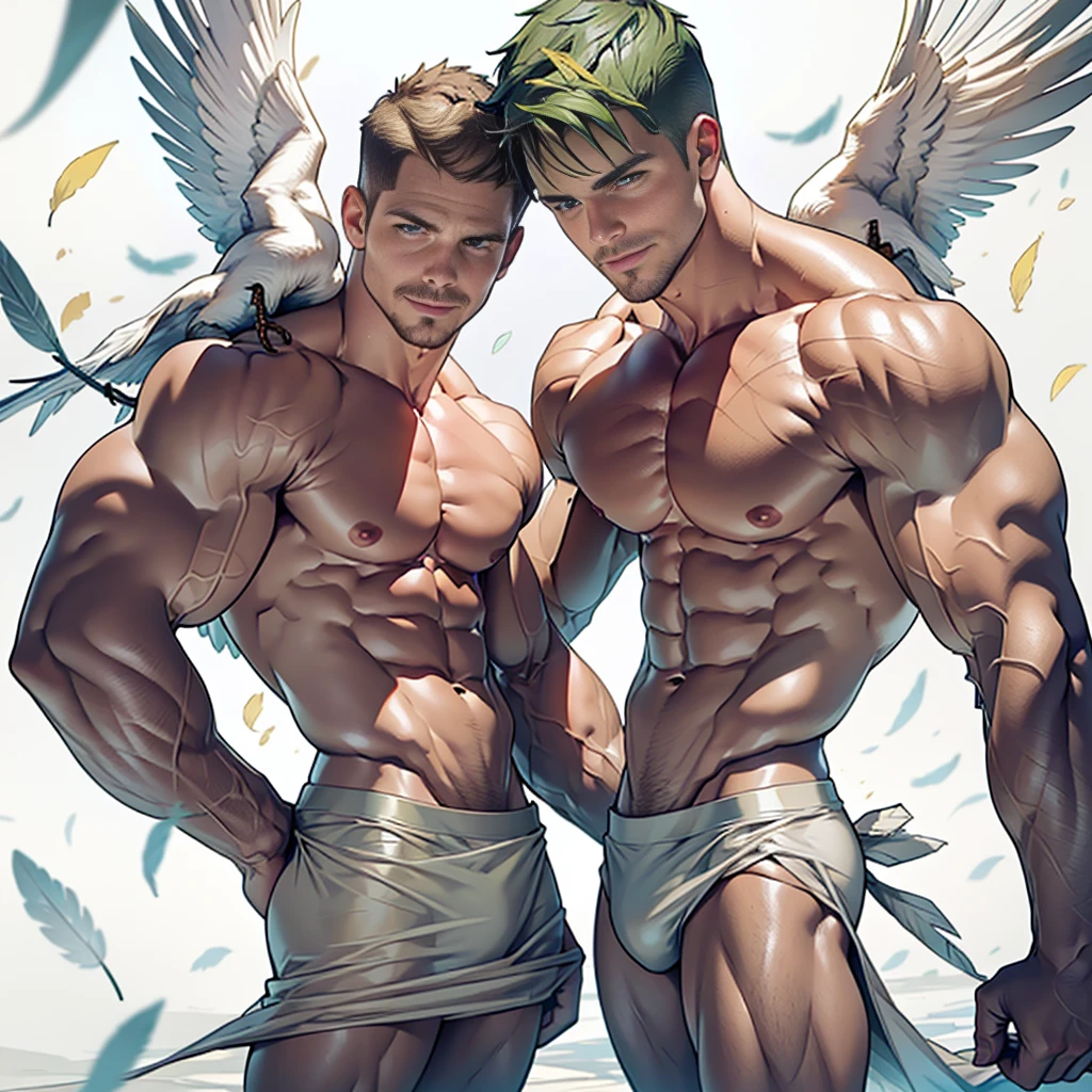 Clear background、A handsome tall man standing (((Stephen AMELL))) ,He is 28 years old,Thin waist,The pectoral muscles are well developed, He is 175cm tall,Weight 62 kg、yellow-green eyes、brown hair color、short hair、Topless、underwear、looking into camera,Smile,Lots of falling feathers,Covered in transparent white sheets,Kneeling on the bed,pillow fight,holding pillow in hand,White feathers are floating everywhere,