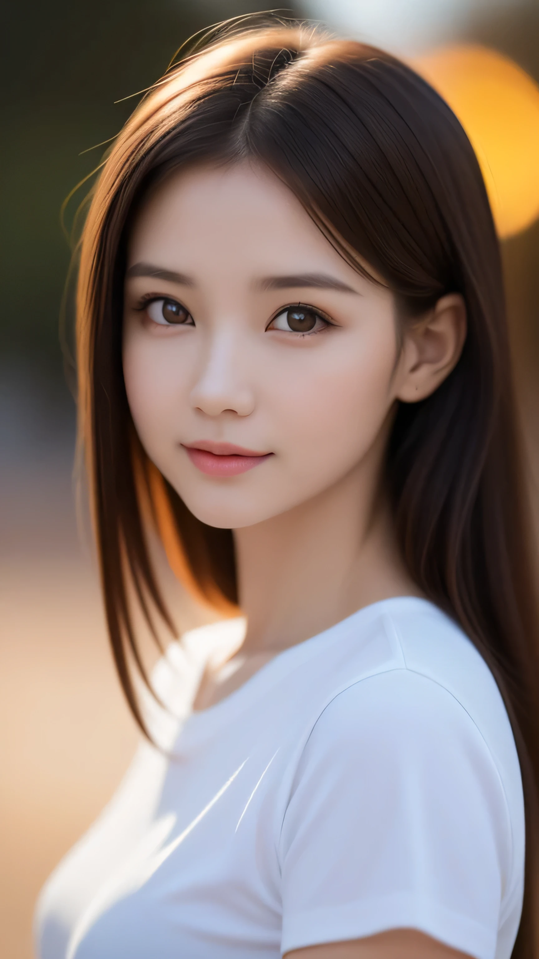 One girl, (Highest quality:1.4), (Very detailed), (Detailed light), (Very detailed美しい顔), Great face and eyes, Brown Hair, Brown eyes,  Very detailed CG synthesis 8k wallpaper, High resolution raw color photos, Professional photography, Dynamic Lighting, (((bokeh))), Depth of written boundary,　Ｔshirt