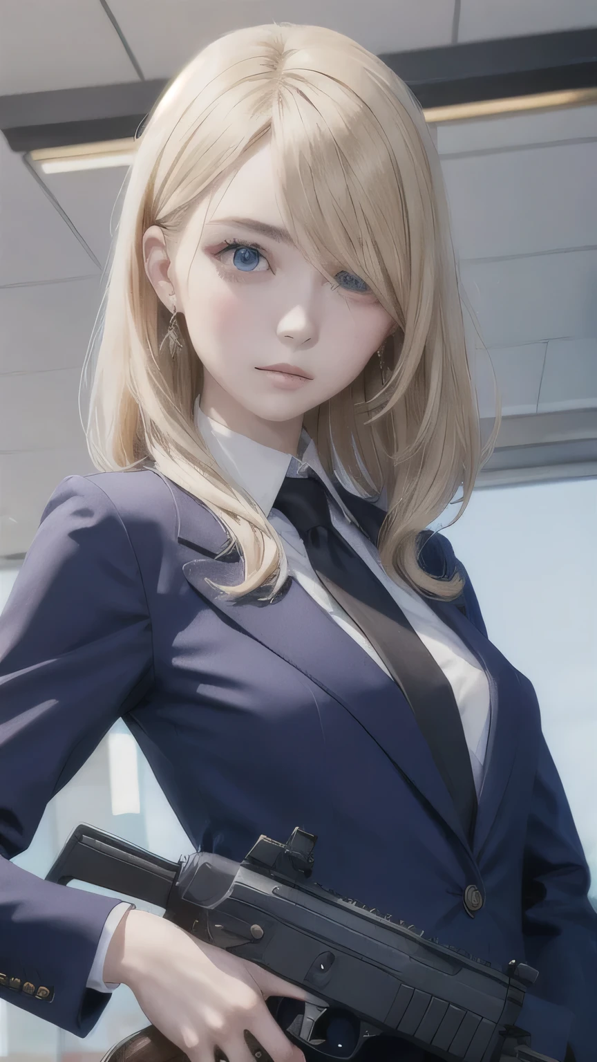 Portrait of a beautiful woman holding a gun,alone,20-year-old,Beautiful Face,Upper Body,Hair on one eye,Medium Sidecut, Blonde, Sharp focus,Black business suit