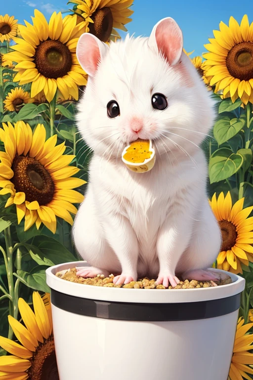 Female hamster:
(((Pure, soft white coat))), ((without blemishes or marks))). Bright and expressive black eyes. Small, delicate ears.
Pink nose and long, thin mustaches.
Pose: ((Sitting on the edge of the food bowl)), gnawing on a sunflower with full cheeks.