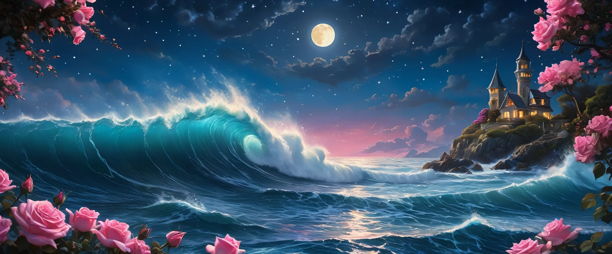 Zeen Chin Hyperrealistic style A beautiful painting of starry sky,layer upon layer of huge waves,deep blue water,pink roses of different sizes,romantic,dreamlike,moonlight,Thomas Kinkade,ultradetailed,illustration,4k,trends on Artstation,above+super wide angle,Greg Rutkowski,trends on Artstation
