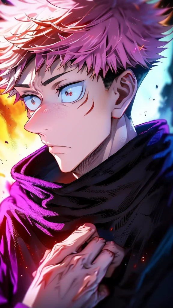 a male character named "ROYAMEN SUKUNA" in. "Jujutsu Kaisen" story series, has short, dry, pink hair, is dressed in a black hoodie with a red hoodie, has a tattoo on the face that resembles black abstract lines, and a curved tattoo on the wrist down to the chin with 4K HDR photo resolution, ANIME ,