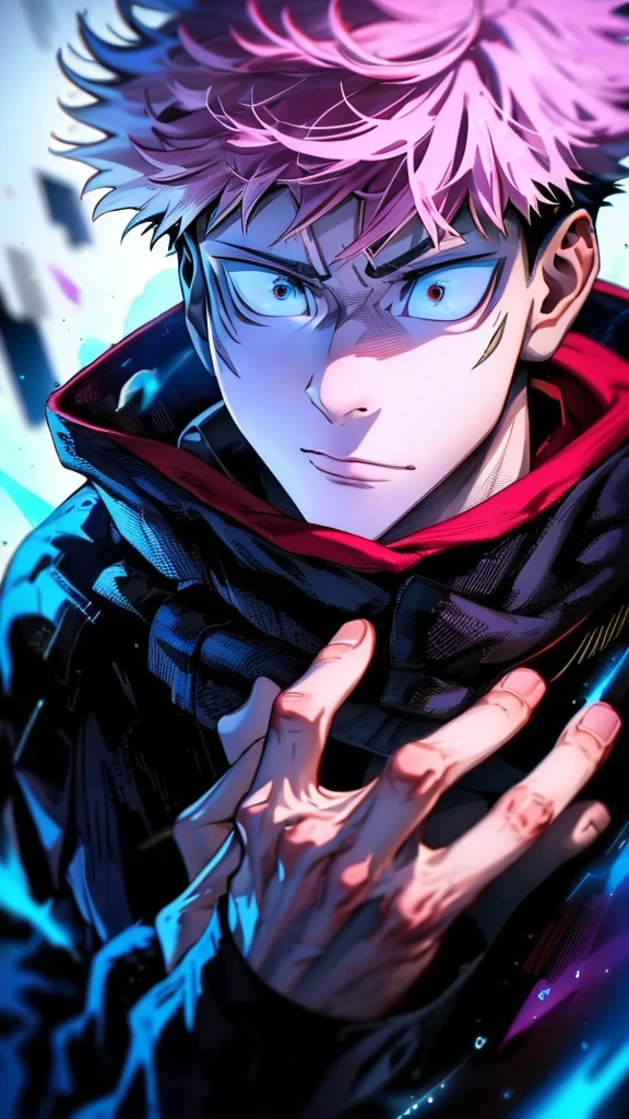 a male character named "ROYAMEN SUKUNA" in. "Jujutsu Kaisen" story series, has short, dry, pink hair, is dressed in a black hoodie with a red hoodie, has a tattoo on the face that resembles black abstract lines, and a curved tattoo on the wrist down to the chin with 4K HDR photo resolution, ANIME ,